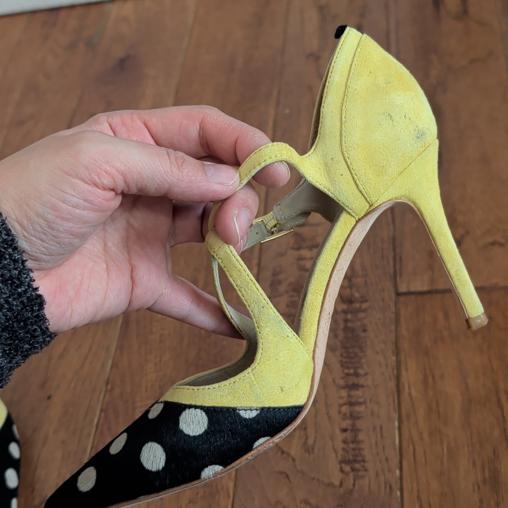 Boden Trisha Yellow and Black Polka Dot Cowhide Pointy Toe Strappy Heels - Picture 12 of 16